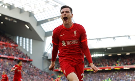 Andy Robertson celebrates his goal in Liverpool’s victory against Everton at Anfield.