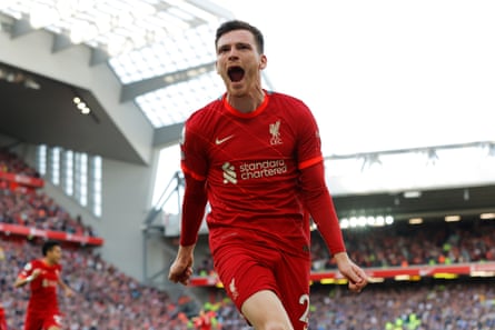Andy Robertson celebrates his goal in the April 2022 Merseyside derby victory over Everton at Anfield.