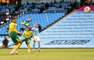 Kevin De Bruyne of Manchester City scores his sides fifth goal.