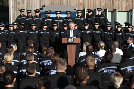 Boris Johnson speaks during his visit at the police in West Yorkshire.