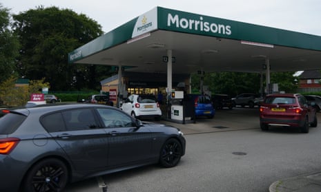 Cars queueing at a Morrisons petrol station