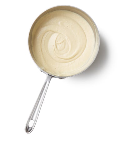 Felicity Cloake’s Vegan Moussaka. To make the bechamel, heat the oil in a small saucepan, then stir in the flour to make a paste. Fry for a couple of minutes, then gradually whisk in the milk and cook gently, stirring all the time, until thickened. Season with salt and grated nutmeg to taste.