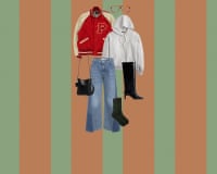 A composite image of a red varsity bomber jacket, aviator style glasses, grey hoodie, black knee-high boots, blue denim flared jeans, dark green socks and a black long strap shoulder bag on a green and beige vertically striped background.