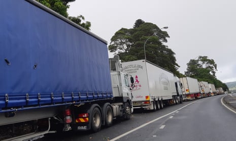 A long queue of trucks on the Bruxner Highway near Lismore after the Pacific Highway was cut off at several points amid devastating floods in Queensland and NSW.