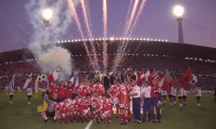 Denmark celebrate victory over Germany in the 1992 final in Gothenburg.