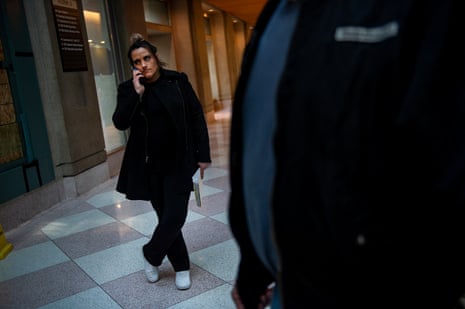 A woman on the phone inside