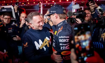 Christian Horner congratulates Max Verstappen after he clinched the world title at the Las Vegas Grand Prix.