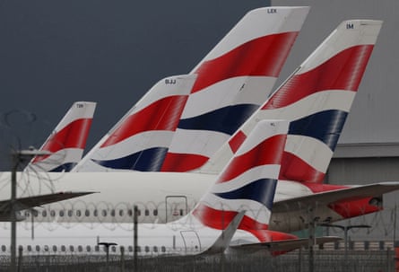 A line of British Airways plane tails at Heathrow