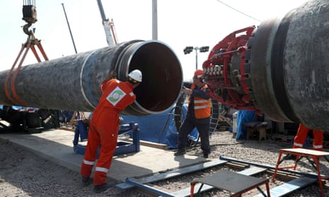 Workers at the construction site of the Nord Stream 2 gas pipeline in Russia