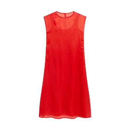 A bright red silk organza layered midi dress. The dress is sleeveless with a high round neck