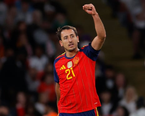 Mikel Oyarzabal of Spain celebrates after scoring his team’s third goal and give Spain the lead.