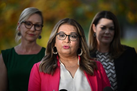 Greens deputy leader Mehreen Faruqi (centre) speaks to media after a party leadership vote in Melbourne on Thursday.