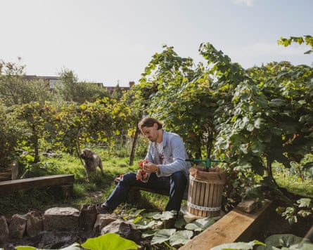 A man sitting in an urban vineyard in Bristol