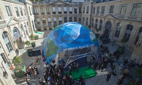 A view of a dome representing the Earth during the inauguration ceremony of an exhibition promoting the World Climate Summit 2015 in Paris.
