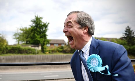 Nigel Farage atop a Brexit party campaign bus in Kent before the 2019 EU elections