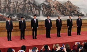 The new politburs standing committee: (L-R) Han Zheng, Wang Huning, Li Zhanshu, Xi Jinping, Li Keqiang, Wang Yang and Zhao Leji.