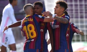 Ansu Fati of Barcelona celebrates after he scores his team’s first goal.