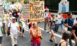 Protesters at the Climate, Jobs, and Justice March in New York, US on 6 Sep 2018