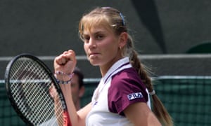 Australia’s Jelena Dokic after beating the world No 1, Martina Hingis, in the first round of Wimbledon, at the age of 16