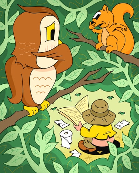 A person is squatting in the woods with their pants down, reading a newspaper. Toilet paper is scattered around them. Above, an owl and squirrel in the trees hold their nose.