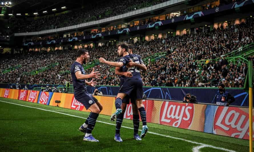 Guardiola a great at City but needs Champions League for immortality | Manchester City 2 Bernardo Silva celebrates putting Manchester City 2-0 up at Sporting.
