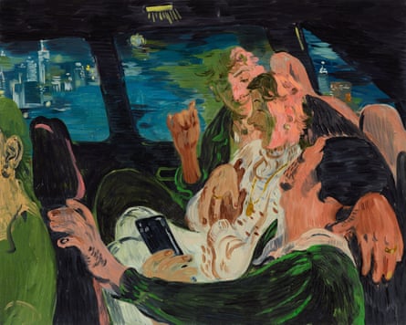 Salman Toor's painting of three men in the back of a taxi