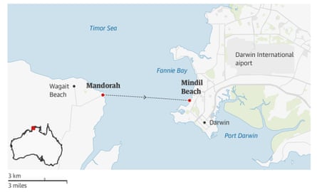 Route of Darwin divers driving a ‘mud crab’ LandCruiser underwater for 7km