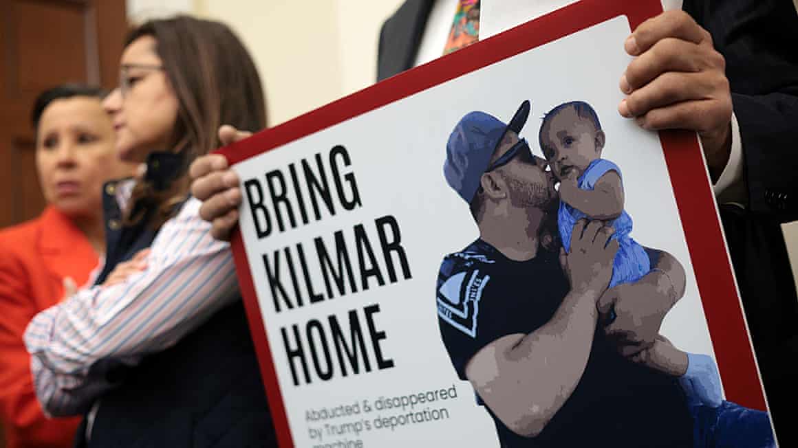 Members of Congress hold up a placard in support of Kilmar Abrego Garcia, a Salvadorian national who was living in Maryland.