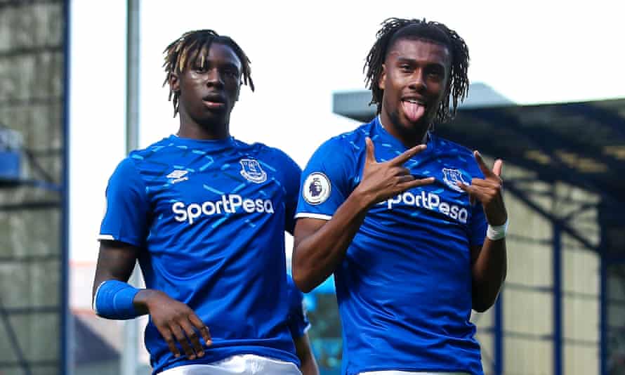 Alex Iwobi celebrates with Moise Kean after scoring for Everton against Wolves in September 2019