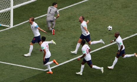 England celebrate their second goal.