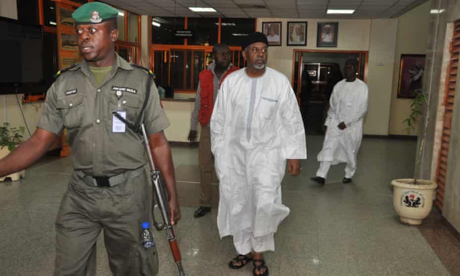 Former Nigerian national security adviser Sambo Dasuki arrives at the federal high court in Abuja on Monday.