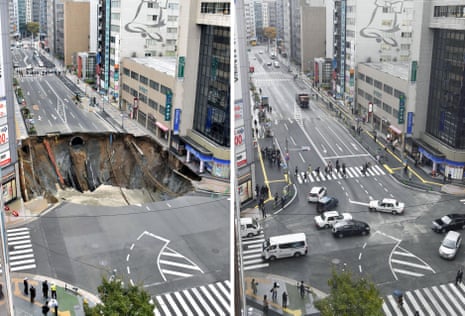 This combination of two photos show a Nov. 8, 2016 file photo, left, of a sinkhole on a road, and the road after restoration, in Fukuoka, southern Japan Tuesday, Nov. 15, 2016.