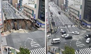 This combination of two photos show a sinkhole on a road in Fukuoka on 8 November and the repaired same road on 15 November.