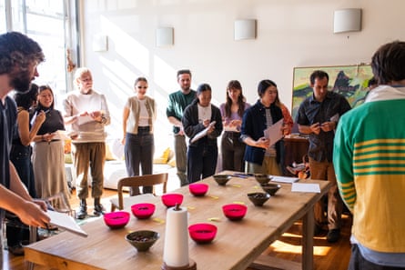 Taste testers line up to sample different olives