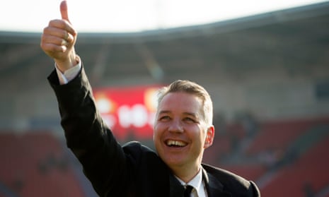 Darren Ferguson, here celebrating last season’s promotion with Doncaster to League One, says a victory at Arsenal would represent his ‘best-ever result’. 