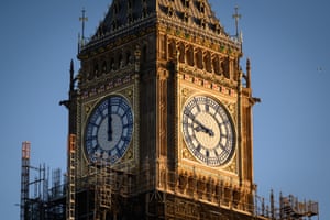 Two of the clock faces on Queen Elizabeth Tower, commonly referred to as Big Ben, visible this morning as MPs prepare to return to the Commons and the Big Ben renovation work nears completion.