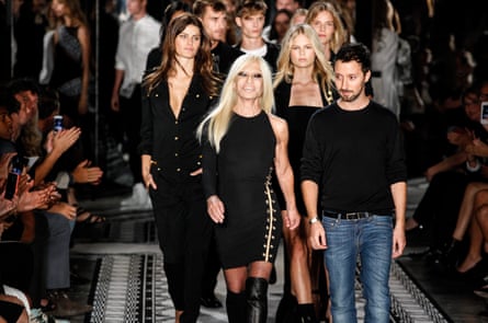 Donatella Versace and designer Anthony Vaccarello on the catwalk in 2014 at the Versus Versace during Mercedes-Benz Fashion Week in New York.