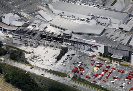 An aerial view of the damaged shopping centre.