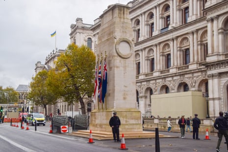 Police guarding the Cenotaph in London today.
