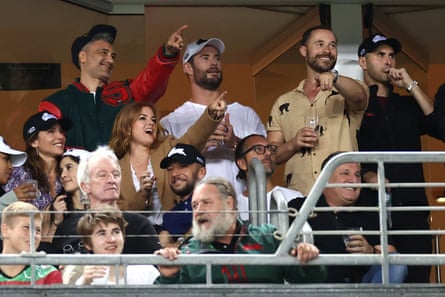 Aussiewood: Taika Waititi, Chris Hemsworth, Elsa Pataky, Isla Fisher and Russell Crowe enjoyed the round three NRL match between the South Sydney Rabbitohs and the Sydney Roosters at Stadium Australia in March.
