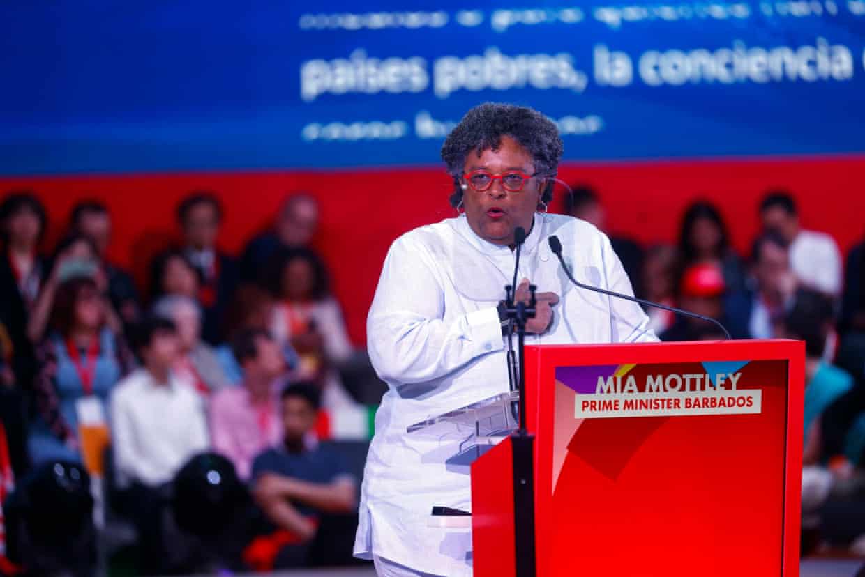 Barbados prime minister Mia Mottley delivers a speech during the Global Progressive Mobilisation in Barcelona, Spain.
