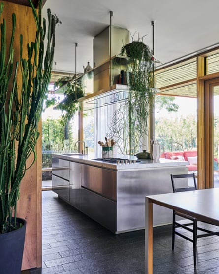 the stainless steel kitchen island.