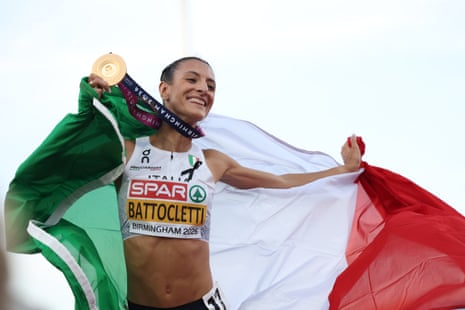Gold medalist Nadia Battocletti of Italy poses for a photo after the women’s 5000m final.