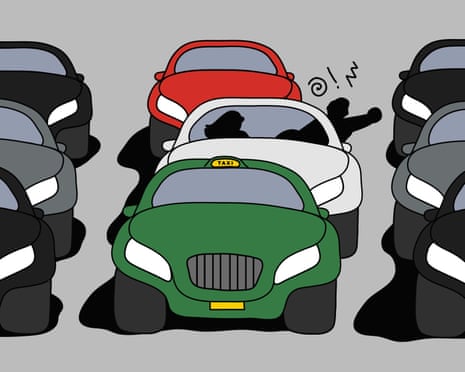A green taxi, a white car and a red car stuck in a traffic jam between black vehicles, with a frustrated figure leaning out of the white car