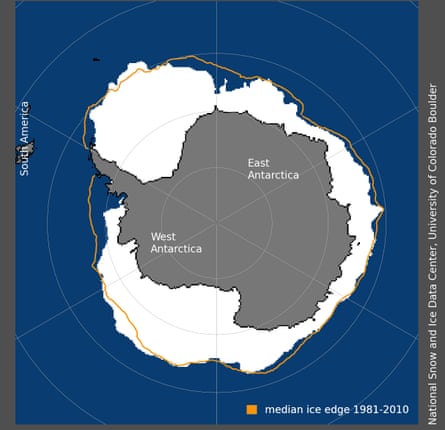 Antarctic sea ice coverage on 10 June shows a large area in the west of missing ice when compared with the average ice extent between 1981 and 2010, shown by the orange line.