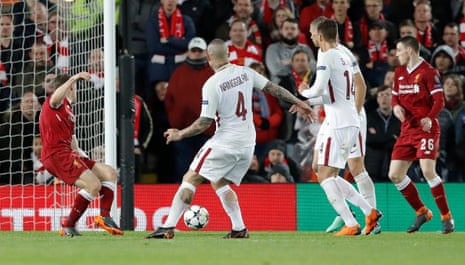 Nainggolan’s shot strikes the arm of James Milner - penalty to Roma.
