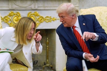 Giorgia Meloni in the Oval Office with Trump in April 2025.