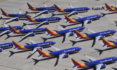 Southwest Airlines fleet of Boeing 737 MAX aircraft parked on the tarmac in Victorville, California. 
