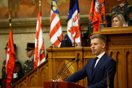 Peter Magyar stands up in parliament to give a speech