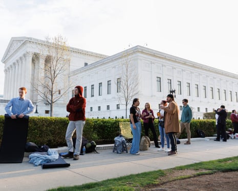 Visitors line up to enter ahead of President Donald Trump’s arrival at the supreme court, 1 April 2026.